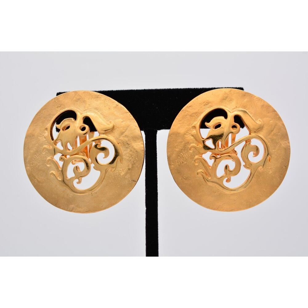Vintage Clip On Earrings Round Abstract Brushed Gold Matte Chunky NOS 80s BinAY